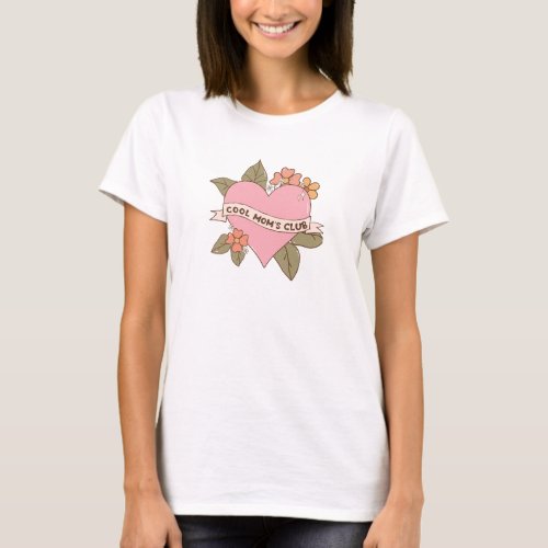 Groovy retro floral pink heart Cool moms club T_Shirt