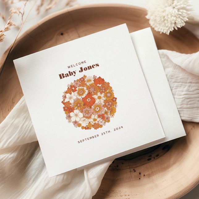 Groovy Retro Floral Pink Orange Baby Shower Napkins (Creator Uploaded)