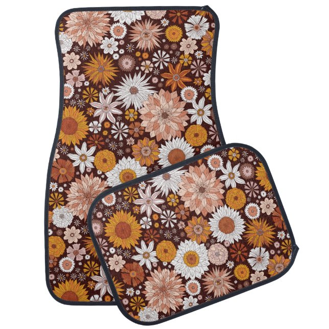 Groovy Retro Flower Garden Pattern Car Floor Mat (Set)