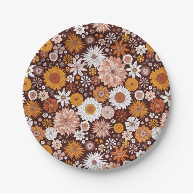 Groovy Retro Flower Garden Pattern Paper Plates (Front)