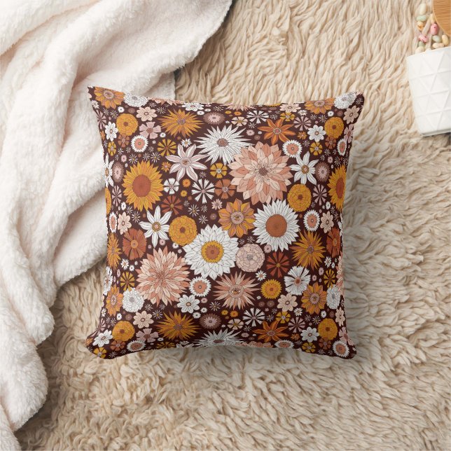 Groovy Retro Flower Garden Pattern Throw Pillow (Blanket)