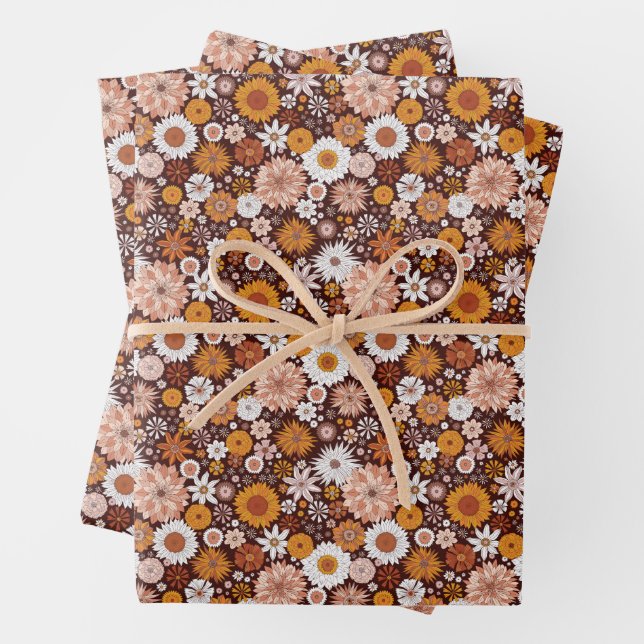Groovy Retro Flower Garden Pattern Wrapping Paper Sheets (In situ)