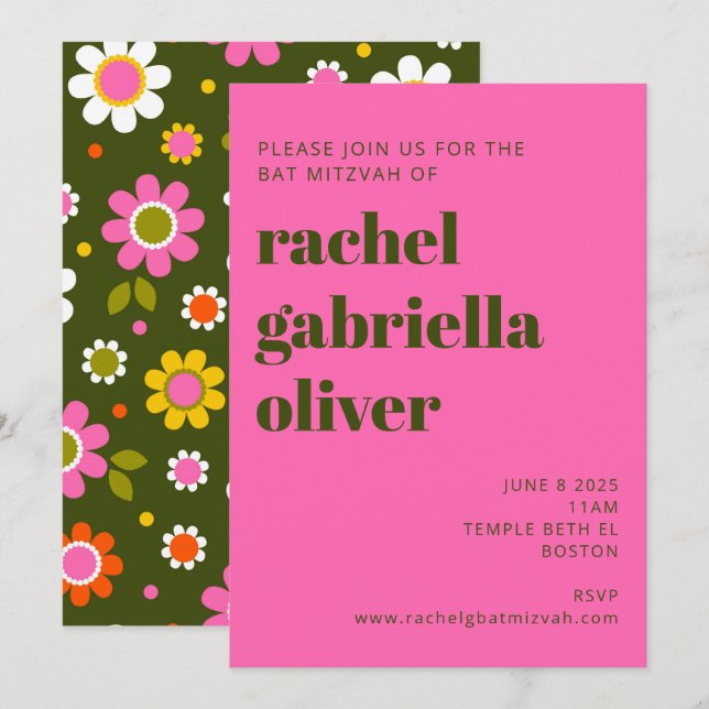 Groovy Retro Flowers Bright Pink Bold Bat Mitzvah Invitation (Front/Back)