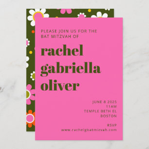 Groovy Retro Flowers Bright Pink Bold Bat Mitzvah Invitation