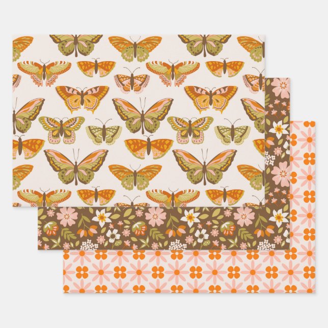 Groovy Retro Flowers, Butterflies and Geometric Wrapping Paper Sheets (Set)