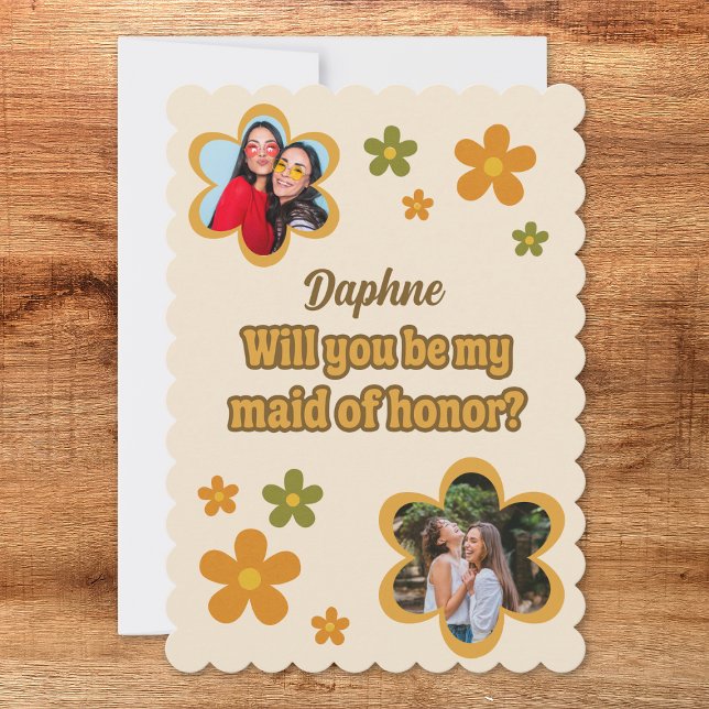 Groovy Retro Flowers Maid of Honor Proposal Photo Card (Creator Uploaded)