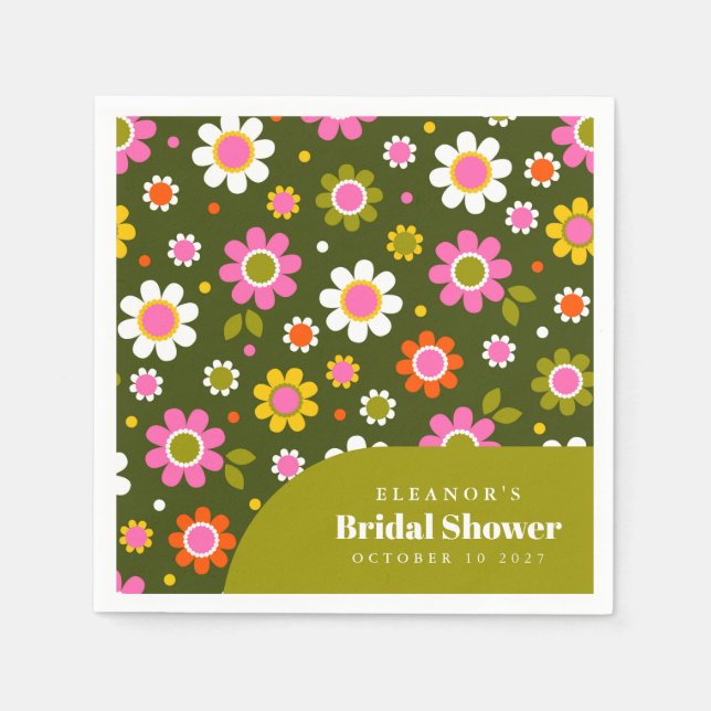 Groovy Retro Flowers Olive Bridal Shower Custom Na Napkins (Front)