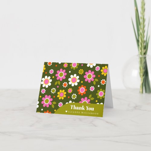 Groovy Retro Flowers Olive Bridal Shower Custom Thank You Card