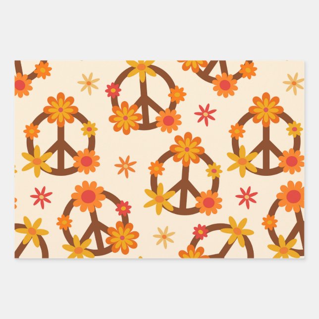 Groovy Retro Flowers on Peace and Love Signs  Wrapping Paper Sheets (Front)
