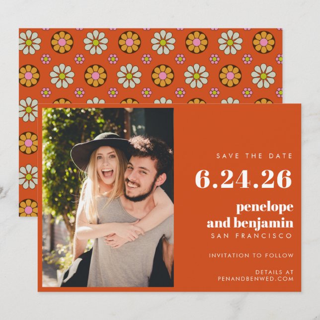 Groovy Retro Flowers Orange Pink Photo Wedding  Save The Date (Front/Back)