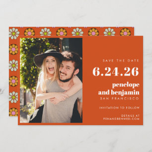 Groovy Retro Flowers Orange Pink Photo Wedding Save The Date