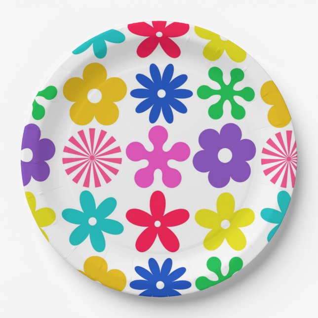 GROOVY RETRO FLOWERS PAPER PLATES (Front)