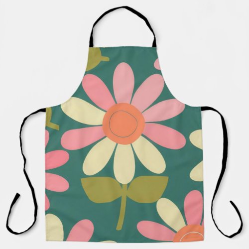 Groovy retro flowers print in green  pink apron
