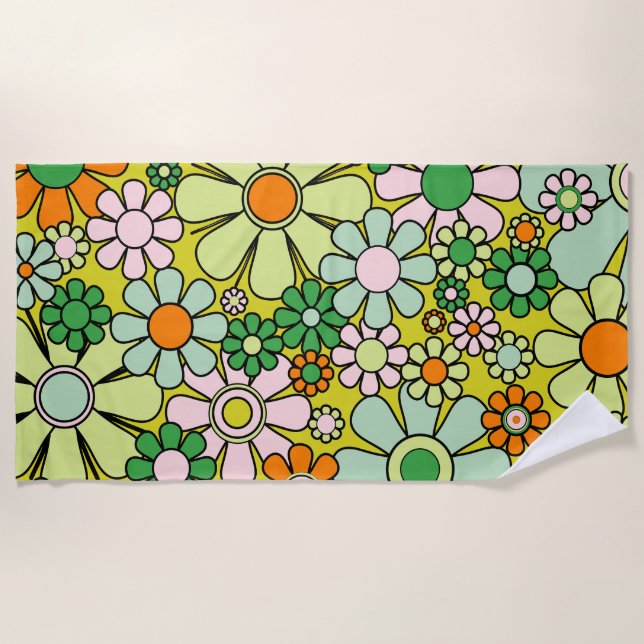 Groovy Retro Garden 60s 70s Spring Floral Pattern Beach Towel (Front)