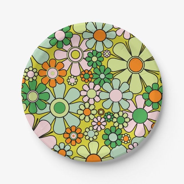 Groovy Retro Garden 60s 70s Spring Floral Pattern Paper Plates (Front)