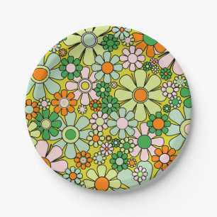 Groovy Retro Garden 60s 70s Spring Floral Pattern Paper Plates