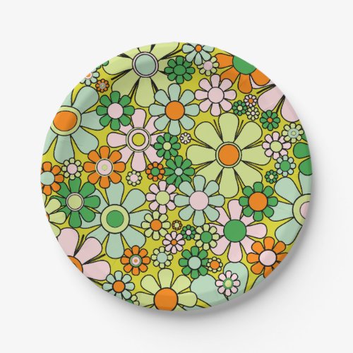 Groovy Retro Garden 60s 70s Spring Floral Pattern Paper Plates
