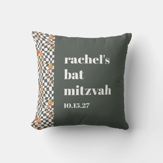 Groovy Retro Green Mushrooms Custom Bat Mitzvah  Throw Pillow (Front)