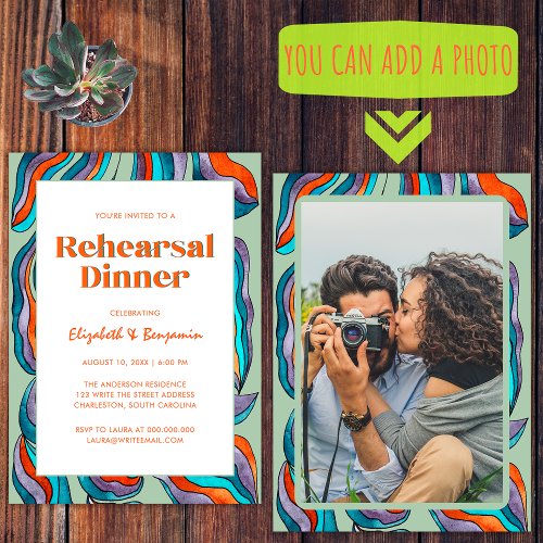 Groovy Retro Green Photo Wedding Rehearsal Dinner Invitation