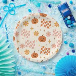 Groovy Retro Halloween Checkerboard Paper Plates