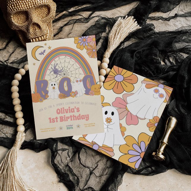 Groovy Retro Halloween Ghost Girl's Birthday Invitation (Creator Uploaded)
