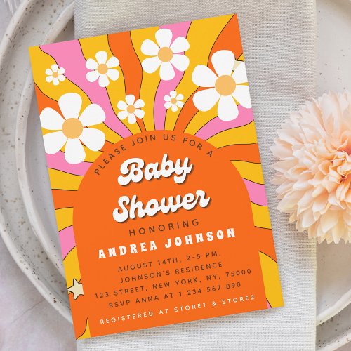 Groovy Retro Hippie Arch Daisy Floral Baby Shower Invitation