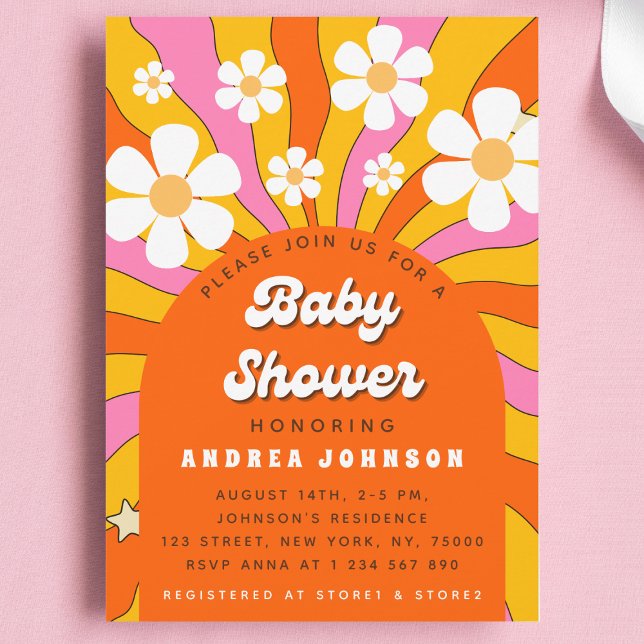 Groovy Retro Hippie Arch Daisy Floral Baby Shower Invitation (Creator Uploaded)