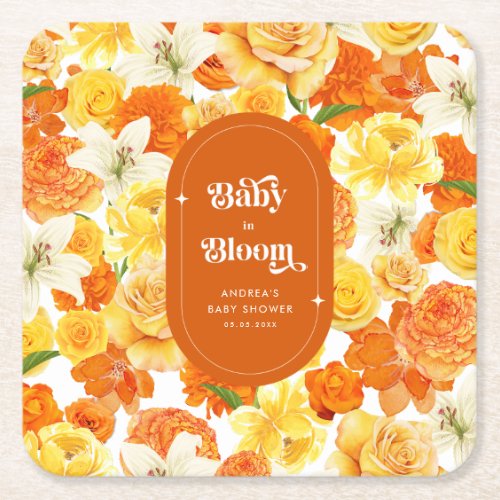 Groovy Retro Hippie Baby in Bloom Baby Shower Square Paper Coaster