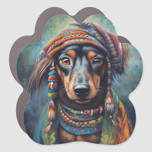 Groovy Retro Hippie Dachshund Boho Car Magnet Art (Front)