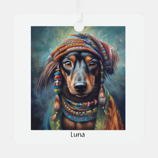 Groovy Retro Hippie Dachshund Boho  Metal Ornament (Front)