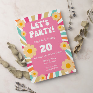 Groovy Retro Hippie Daisy Pink 20th Birthday Invitation