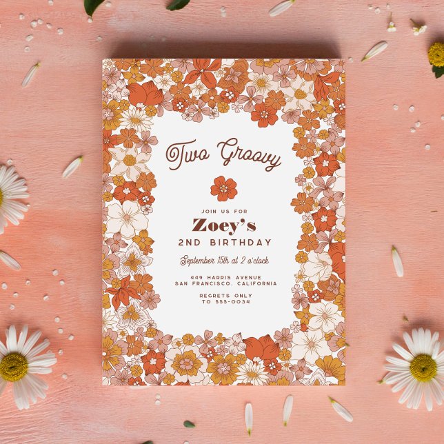 Groovy Retro Hippie Floral Pink Orange Birthday Invitation (Creator Uploaded)