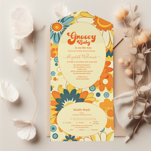 Groovy Retro Hippie Floral Yellow Orange Baby Show All In One Invitation