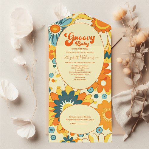 Groovy Retro Hippie Floral Yellow Orange Baby Show All In One Invitation
