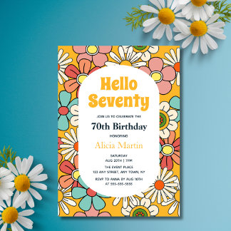 Groovy Retro Hippie Flower Hello Seventy Birthday Invitation