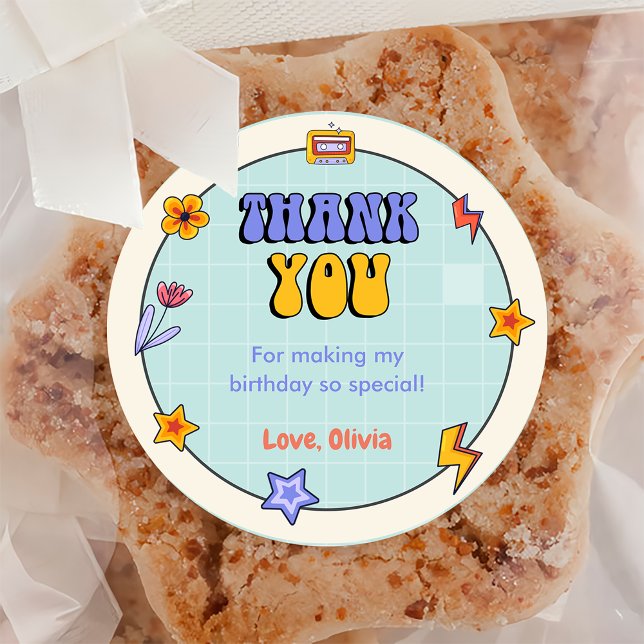 Groovy Retro Hippie Thank You Birthday Party  Classic Round Sticker (Creator Uploaded)