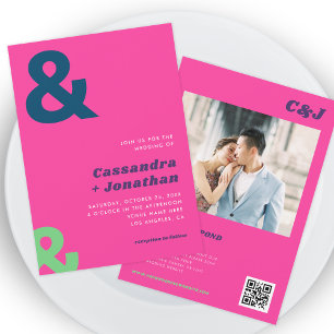 Groovy Retro Hot Pink Ampersand QR Code Wedding Invitation