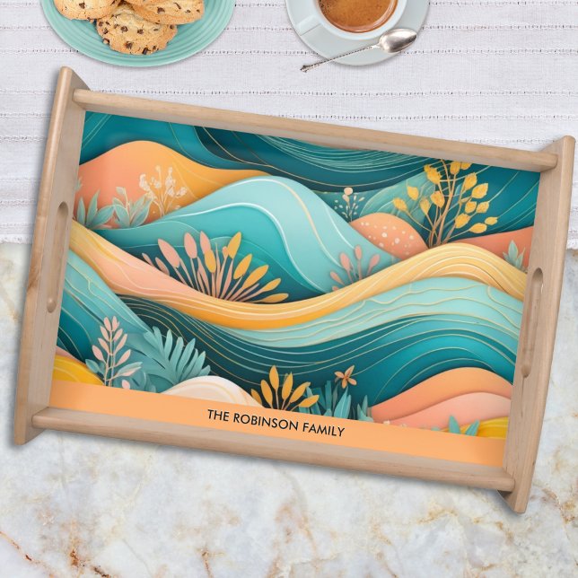 Groovy Retro Landscape Stylish Personalized Serving Tray (A groovy tea tray with yellow and turquoise modern art landscape, personalized with a name)
