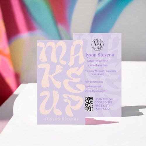 Groovy retro lavender logo qr code Makeup Business Card