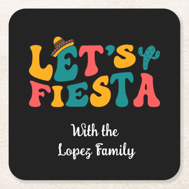 Groovy Retro Let's Fiesta Square Paper Coaster (Front)