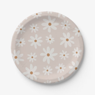 Groovy Retro Light Brown Daisy Floral Paper Plates