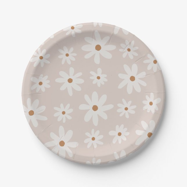 Groovy Retro Light Brown Daisy Floral Paper Plates (Front)