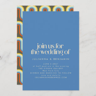 Groovy Retro Mod 70s Blue and Olive Green Wedding Invitation