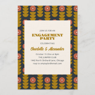 Groovy Retro Navy Blue Botanical Engagement Party  Invitation