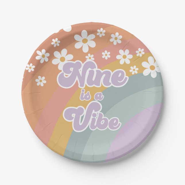 Groovy Retro Nine is a Vibe Rainbow Paper Plate (Front)