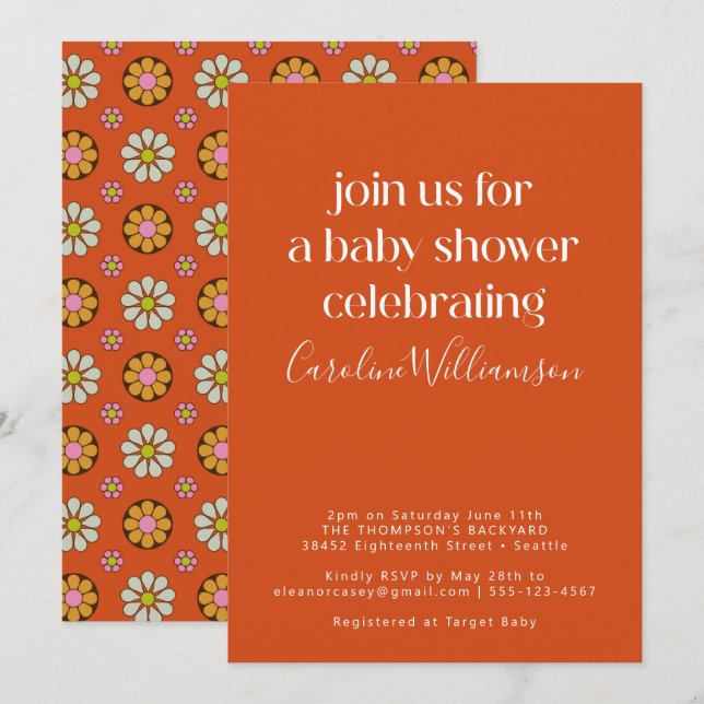Groovy Retro Orange 70s Flowers Baby Shower  Invitation (Front/Back)