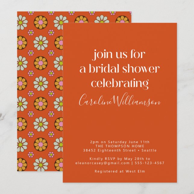 Groovy Retro Orange 70s Flowers Bridal Shower Invitation (Front/Back)