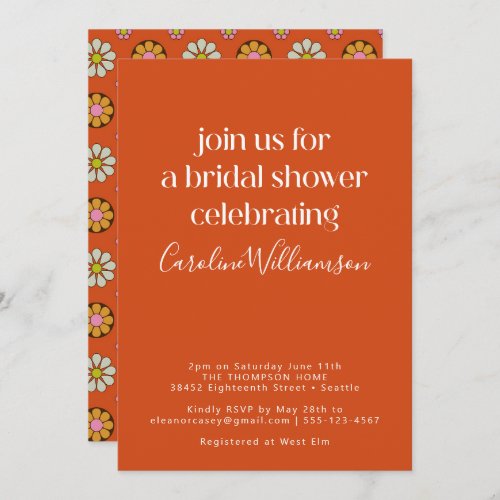 Groovy Retro Orange 70s Flowers Bridal Shower Invitation