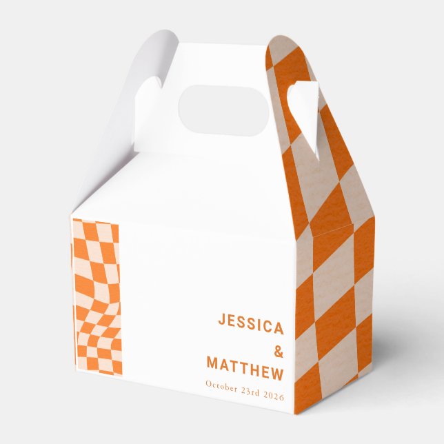 Groovy Retro Orange Abstract Check Wedding Custom  Favor Boxes (Front Side)