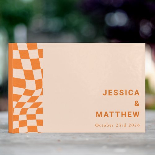 Groovy Retro Orange Abstract Check Wedding Custom  Guest Book